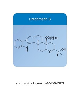 Drechmerin B skeletal structure diagram.Diterpenoid compound molecule scientific illustration on blue background.