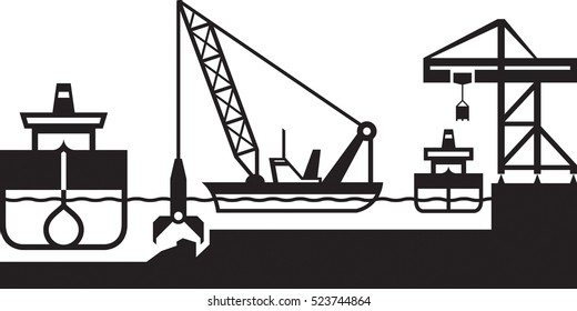 Dredger ship deepens port - vector illustration