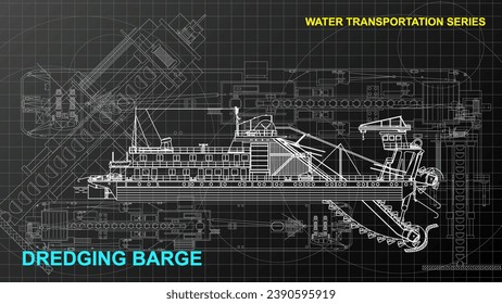 Modelo Dredging Barge. Papel de la pantalla de dibujo de líneas de la serie de transporte de agua. Dibujo artístico. Líneas de cuadrícula dibujando sobre fondo oscuro. 