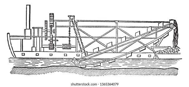 Barco de secado utilizado para levantar el barro y el silencio desde el fondo de los ríos puertos y canales, dibujo de líneas antiguas o ilustración de grabado.