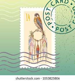 Dreemcatcher and Kestrel. Hand drawn illustration. Color picture. Vector. Line Art. Stamp. Mark. Postcard.