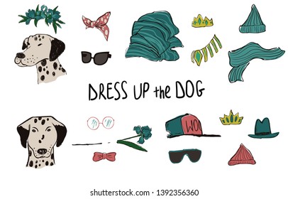 Drees up the dog collection. Funny hipster Dalmatian couple portraits with accessories.