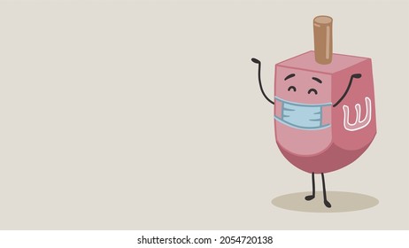 Dreidel characters wearing mask for protection in pandemic and playing spinning game. Dreidel spinning, falling and having fun during Hanukkah festival. Modern Dreidel with presents and mask.