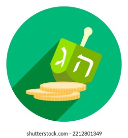 dreidel with coins. icon, logo in flat style of coins with dreidlm. flat green, mint with shadow logo. icon for hanukkah. web browser icon.