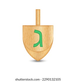 A dreidel with green letter gimel is a four-sided wooden spinning top realistic 3d vector object isolated on white background. The toy that is played during the Jewish holiday of Hanukkah.
