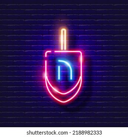 Dreidel neon sign. Vector illustration for Rosh Hashanah. Jewish holiday concept.
