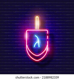 Dreidel neon sign. Vector illustration for Rosh Hashanah. Jewish holiday concept.