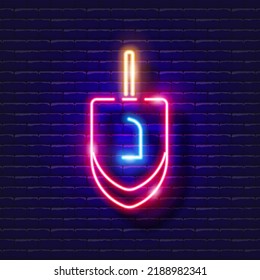 Dreidel neon sign. Vector illustration for Rosh Hashanah. Jewish holiday concept.