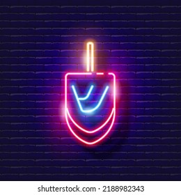 Dreidel neon sign. Vector illustration for Rosh Hashanah. Jewish holiday concept.