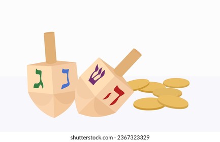 dreidel, sevivon - four-sided top with which children play during the Jewish holiday of Hanukkah. Two wooden tops and gold coins isolated on white background