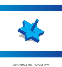 Dreidel (spinning top) in the shape of a star of David. Israeli flag vector background. Happy Hanukkah concept