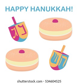 Dreidels and a bun with jam. Vector illustration.