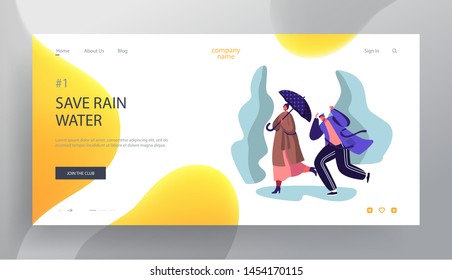 Drenched Passerby People Walking Against Wind and Rain on Street, Cold Water Pour From Sky, Wet Rainy Autumn or Spring Weather Website Landing Page, Web Page. Cartoon Flat Vector Illustration, Banner