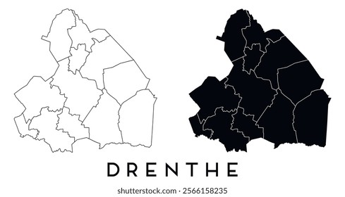 Drenthe map of regions districts vector black on white and outline