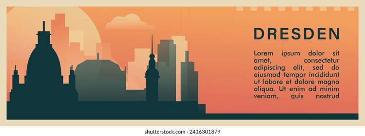 Dresden city brutalism vector banner with skyline, cityscape. Germany retro horizontal illustration, travel layout for web presentation, header, footer