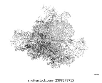 Dresden city map with roads and streets, Germany. Black and white. Vector outline illustration.