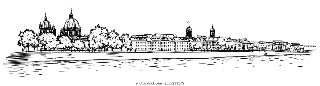 Dresden with the Elbe River doodle hatching vector sketch, panoramic view