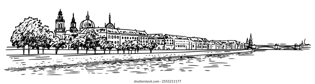 Dresden with the Elbe River doodle hatching vector sketch, panoramic view