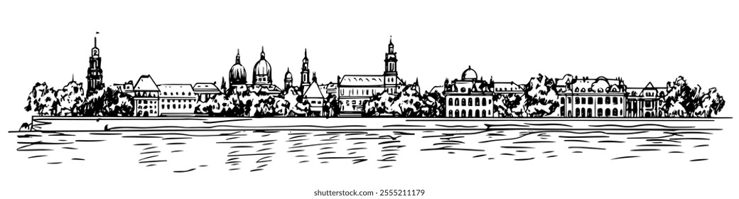 Dresden with the Elbe River doodle hatching vector sketch, panoramic view