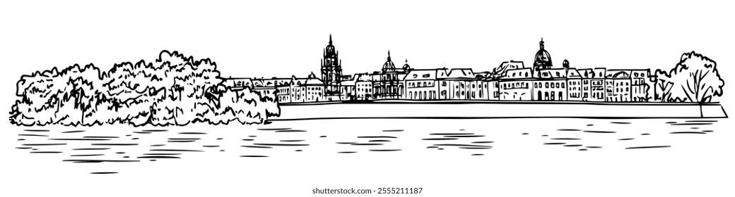 Dresden with the Elbe River doodle hatching vector sketch, panoramic view