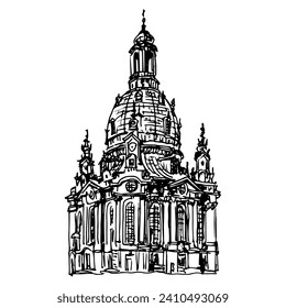 The Dresden Frauenkirche. Church of Our Lady, Germany. Baroque Lutheran cathedral. Historical religious building. Hand drawn linear doodle rough sketch. Black and white silhouette.