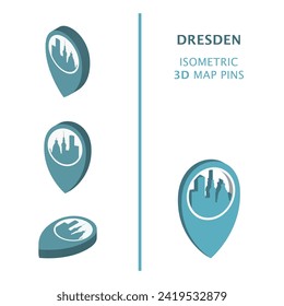 Dresden Germany city 3D vector logo set. Isometric map pin, geolocation pointer, modern skyline icon, concept, isolated graphic