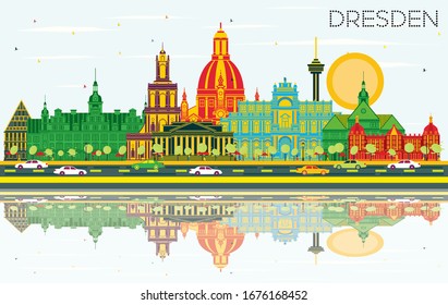 Dresden Germany City Skyline with Color Buildings, Blue Sky and Reflections. Vector Illustration. Business Travel and Tourism Concept with Historic Architecture. Dresden Cityscape with Landmarks.