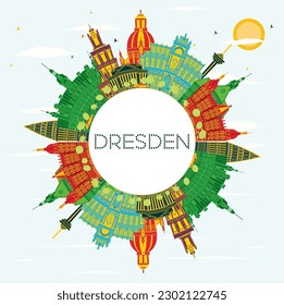 Dresden Germany City Skyline with Color Buildings, Blue Sky and Copy Space. Vector Illustration. Business Travel and Tourism Concept with Historic Architecture. Dresden Cityscape with Landmarks.