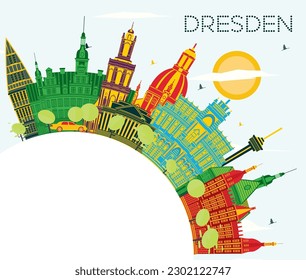 Dresden Germany City Skyline with Color Buildings, Blue Sky and Copy Space. Vector Illustration. Business Travel and Tourism Concept with Historic Architecture. Dresden Cityscape with Landmarks.