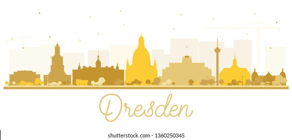 Dresden Germany City Skyline Silhouette with Golden Buildings Isolated on White. Vector Illustration. Business Travel and Tourism Concept with Historic Architecture. Dresden Cityscape with Landmarks. 