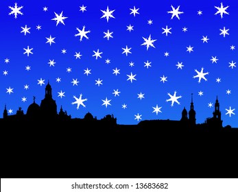 Dresden skyline in winter with falling snow illustration
