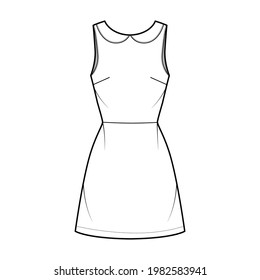 Dress A-line Technical Fashion Illustration With Sleeveless, Peter Pan Collar, Fitted Body, Above-the-knee Length Skirt. Flat Apparel Front, White Color Style. Women, Men Unisex CAD Mockup