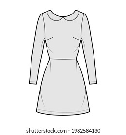 Dress A-line Technical Fashion Illustration With Long Sleeves, Peter Pan Collar, Fitted Body, Above-the-knee Length Skirt. Flat Apparel Front, Grey Color Style. Women, Men Unisex CAD Mockup