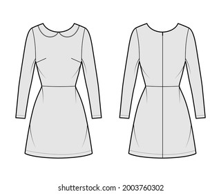 Dress A-line Technical Fashion Illustration With Long Sleeves, Peter Pan Collar, Fitted Body, Above-the-knee Length Skirt. Flat Apparel Front, Back, Grey Color Style. Women, Men Unisex CAD Mockup