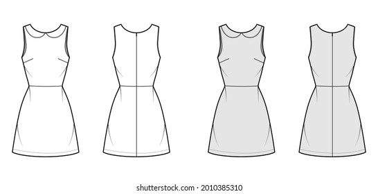 Dress A-line technical fashion illustration with sleeveless, peter pan collar, fitted body, above-the-knee length skirt. Flat apparel front, back, white, grey color style. Women, men unisex CAD mockup