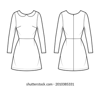 Dress A-line Technical Fashion Illustration With Long Sleeves, Peter Pan Collar, Fitted Body, Above-the-knee Length Skirt. Flat Apparel Front, Back, White Color Style. Women, Men Unisex CAD Mockup