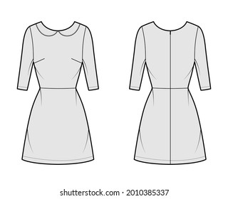 Dress A-line Technical Fashion Illustration With Elbow Sleeves, Peter Pan Collar, Fitted Body, Above-the-knee Length Skirt. Flat Apparel Front, Back, Grey Color Style. Women, Men Unisex CAD Mockup