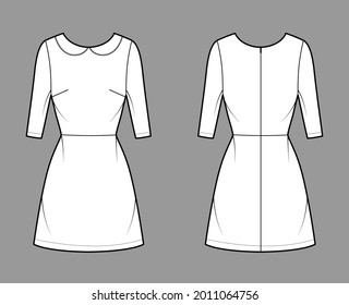 Dress A-line Technical Fashion Illustration With Elbow Sleeves, Peter Pan Collar, Fitted Body, Above-the-knee Length Skirt. Flat Apparel Front, Back, White Color Style. Women, Men Unisex CAD Mockup