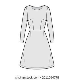 Dress A-line technical fashion illustration with long sleeves, fitted body, natural waistline, knee length skirt. Flat apparel front, grey color style. Women, men unisex CAD mockup