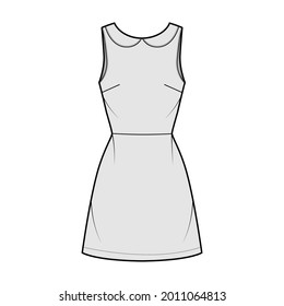 Dress A-line Technical Fashion Illustration With Sleeveless, Peter Pan Collar, Fitted Body, Above-the-knee Length Skirt. Flat Apparel Front, Grey Color Style. Women, Men Unisex CAD Mockup