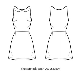 Dress A-line Technical Fashion Illustration With Sleeveless, Peter Pan Collar, Fitted Body, Above-the-knee Length Skirt. Flat Apparel Front, Back, White Color Style. Women, Men Unisex CAD Mockup