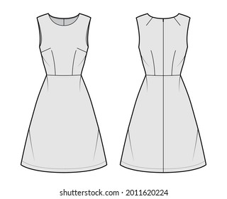 Dress A-line technical fashion illustration with sleeveless, fitted body, natural waistline, knee length skirt. Flat apparel front, back, grey color style. Women, men unisex CAD mockup