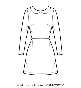 Dress A-line Technical Fashion Illustration With Long Sleeves, Peter Pan Collar, Fitted Body, Above-the-knee Length Skirt. Flat Apparel Front, White Color Style. Women, Men Unisex CAD Mockup