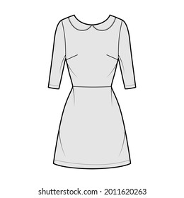 Dress A-line Technical Fashion Illustration With Elbow Sleeves, Peter Pan Collar, Fitted Body, Above-the-knee Length Skirt. Flat Apparel Front, Grey Color Style. Women, Men Unisex CAD Mockup