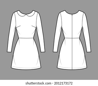 Dress A-line Technical Fashion Illustration With Long Sleeves, Peter Pan Collar, Fitted Body, Above-the-knee Length Skirt. Flat Apparel Front, Back, White Color Style. Women, Men Unisex CAD Mockup