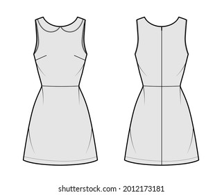 Dress A-line Technical Fashion Illustration With Sleeveless, Peter Pan Collar, Fitted Body, Above-the-knee Length Skirt. Flat Apparel Front, Back, Grey Color Style. Women, Men Unisex CAD Mockup