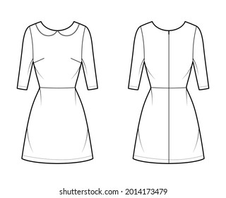 Dress A-line Technical Fashion Illustration With Elbow Sleeves, Peter Pan Collar, Fitted Body, Above-the-knee Length Skirt. Flat Apparel Front, Back, White Color Style. Women, Men Unisex CAD Mockup