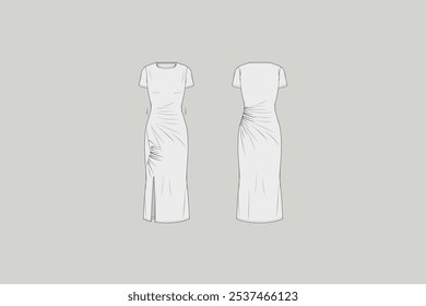 A dress (also known as a frock or a gown) is a one-piece outer garment that is worn on the torso and hangs down over the legs and is primarily worn.