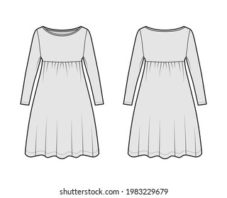 Dress babydoll technical fashion illustration with long sleeves, oversized body, knee length A-line skirt, boat neck. Flat apparel front, back, grey color style. Women, men unisex CAD mockup