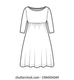 Dress babydoll technical fashion illustration with elbow sleeves, oversized body, knee length A-line skirt, boat neck. Flat apparel front, white color style. Women, men unisex CAD mockup